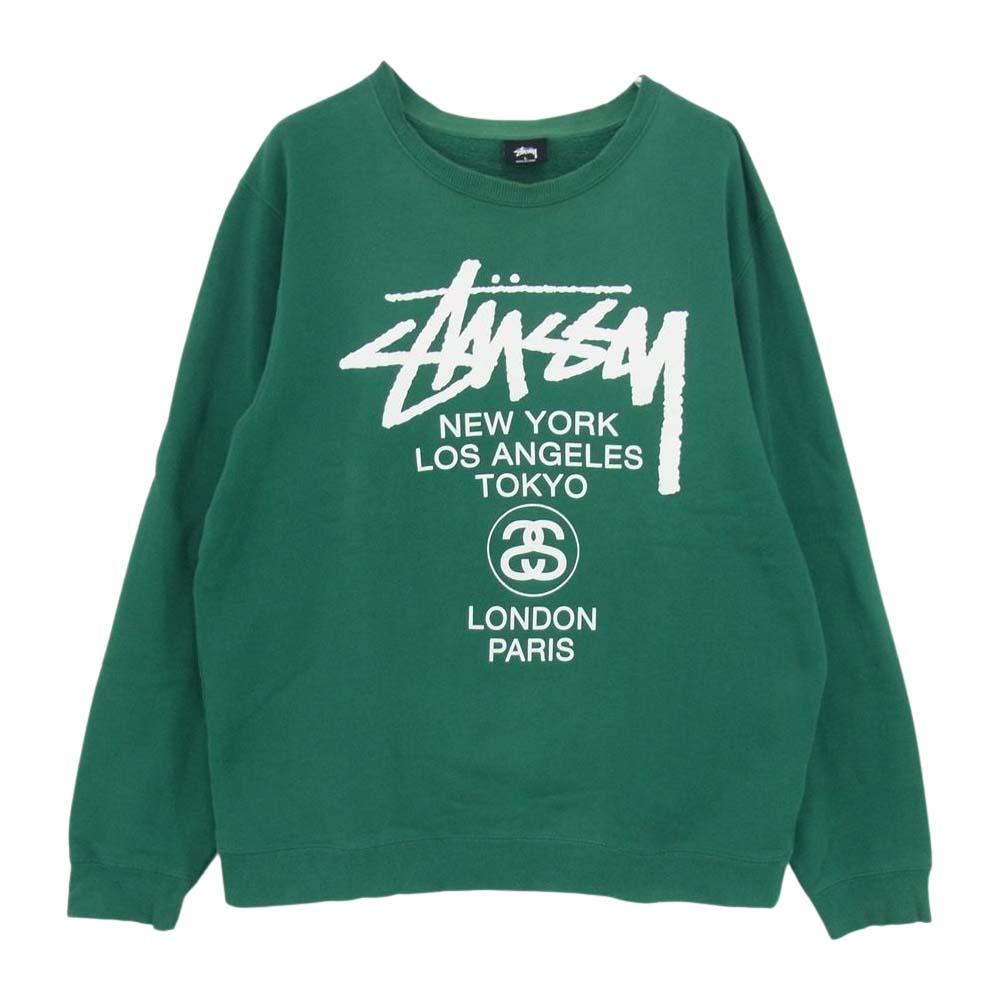 STUSSY ステューシー ストックロゴ プリント クルーネック スウェット グリーン系 L【中古】