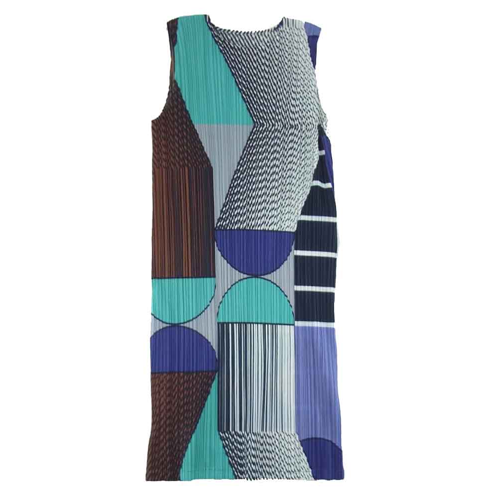 PLEATS PLEASE プリーツプリーズ イッセイミヤケ PP91-JH676 プリーツ加工 総柄 ノースリーブ マルチカラー ワンピース ブルー系 2【美品】【中古】