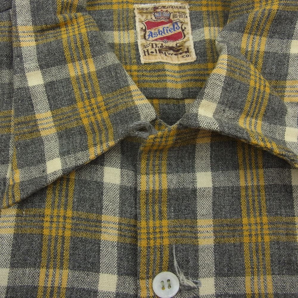 アッシュフィールド 50‘s ヴィンテージ ウール オープンカラー チェック シャツ 長袖 イエロー系 グレー系【中古】
