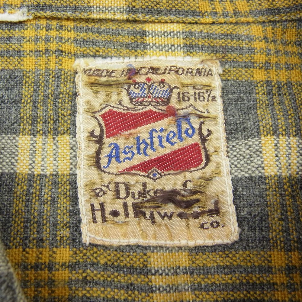 アッシュフィールド 50‘s ヴィンテージ ウール オープンカラー チェック シャツ 長袖 イエロー系 グレー系【中古】