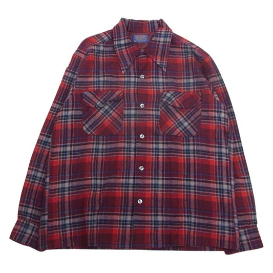 PENDLETON ペンドルトン 70s 80s USA製 WOOLEN MILLS PWMタグ ウール チェック 長袖 シャツ レッド系 L【中古】