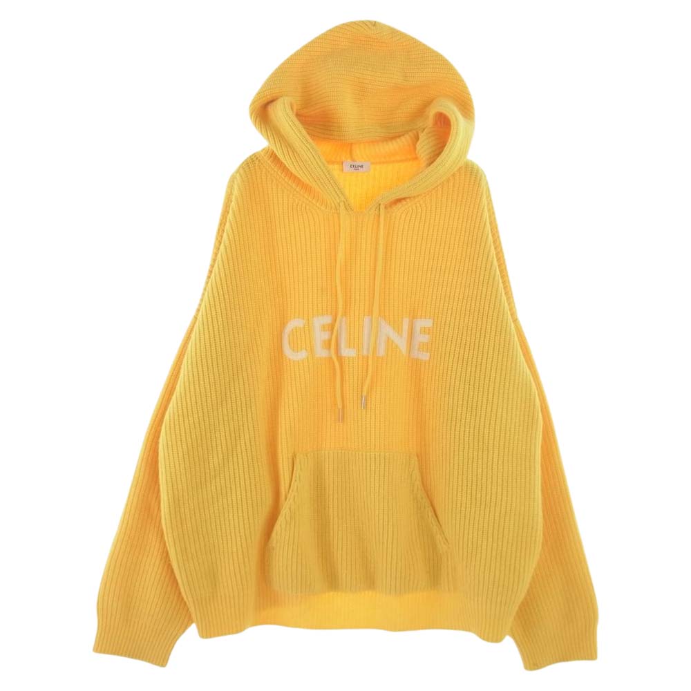 CELINE セリーヌ 21AW 2A85W423P Sweater With Hood In Ribbed Wool Mimosa ニット プルオーバ― パーカー フーディー フロント ロゴ イエロー系 XL【中古】