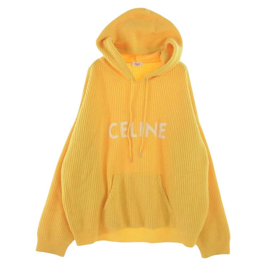 CELINE セリーヌ 21AW 2A85W423P Sweater With Hood In Ribbed Wool Mimosa ニット プルオーバ― パーカー フーディー フロント ロゴ イエロー系 XL【中古】
