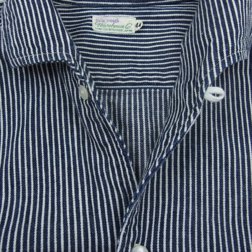WAREHOUSE ウエアハウス S/S OPEN COLLAR SHIRTS ヒッコリーストライプ 半袖 シャツ インディゴブルー系 44【中古】