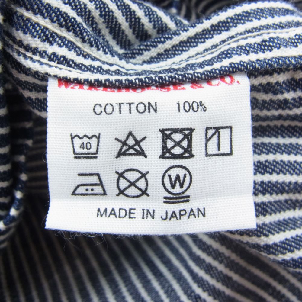 WAREHOUSE ウエアハウス S/S OPEN COLLAR SHIRTS ヒッコリーストライプ 半袖 シャツ インディゴブルー系 44【中古】