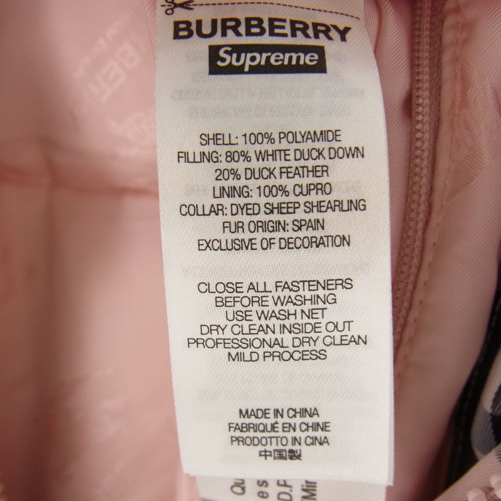 Supreme シュプリーム 22SS × Burberry Shearling Collar Down Puffer Jacket バーバリー シャーリングカラー パフィーダウンジャケット ピンク系 L【中古】