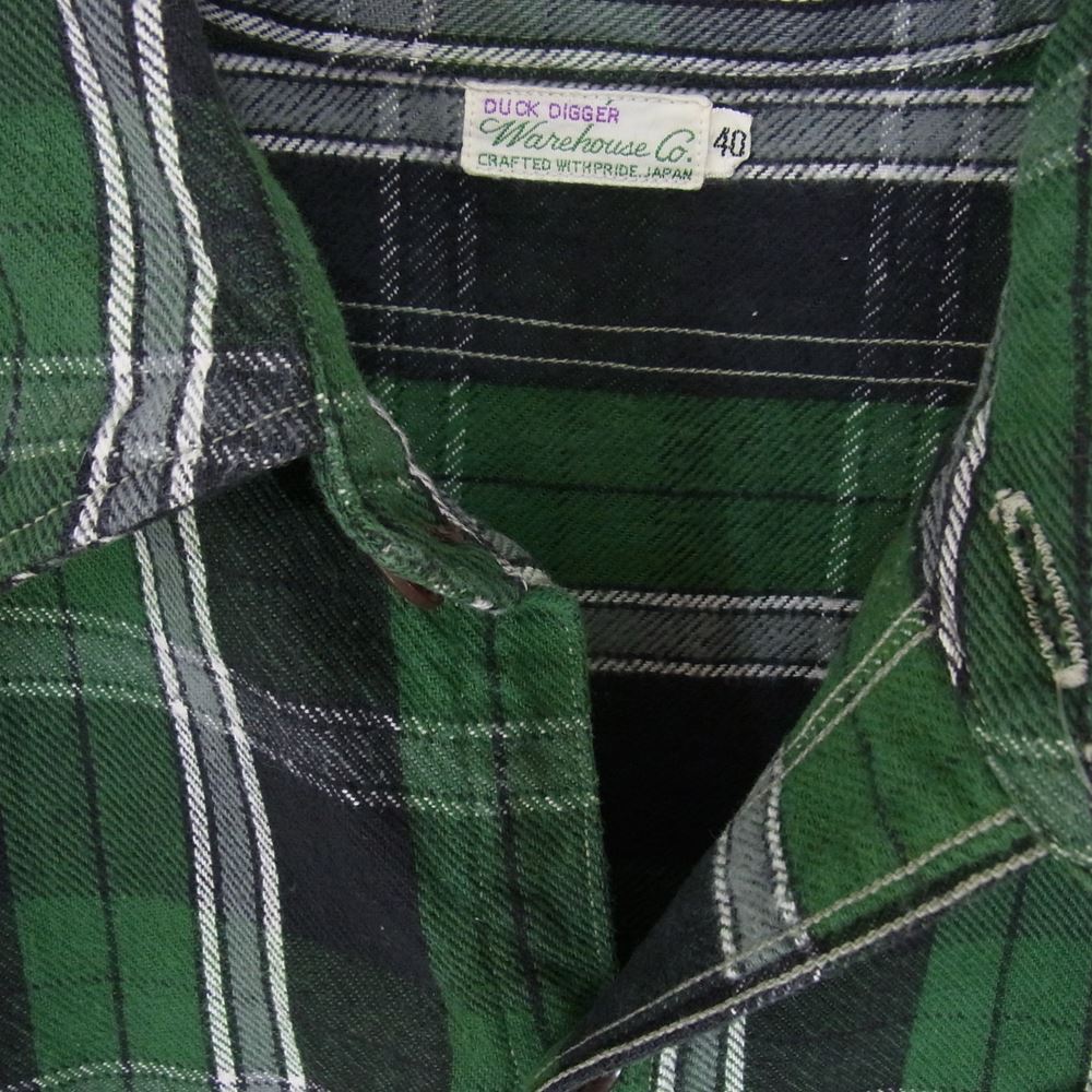 WAREHOUSE ウエアハウス Lot3022 FLANNEL SHIRTS CHIN STRAP チンストラップ フランネル ヘビーネル チェック 長袖 シャツ  グリーン系 40【中古】