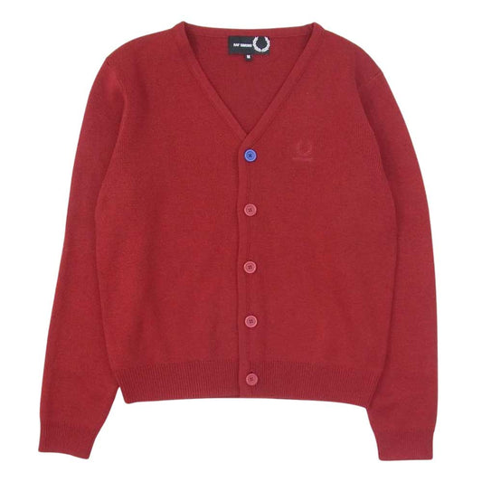 RAF SIMONS ラフシモンズ × FRED PERRY フレッドペリー Contrast Button Cardigan コントラストボタン ロゴ刺繍 Vネック カーディガン レッド系 M【中古】