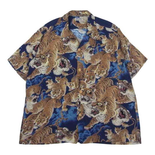SUN SURF サンサーフ スペシャル 百虎 SP ONE HUNDRED TIGERS KALAKAUA ハワイアン アロハ シャツ ネイビー系 L【美品】【中古】