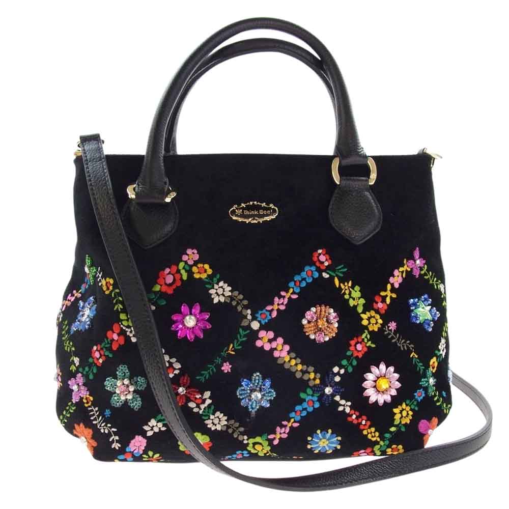 thinkbee シンクビー 2WAY ショルダー ハンドバッグ 刺繍 エンブロイダリー 花柄 フラワー ブラック系【中古】