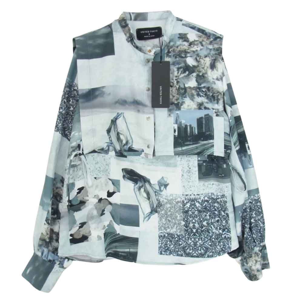 ユナイテッドトーキョー 500530022 フォトコラージュ ブラウス 総柄 長袖 シャツ グレー系 O【新古品】【未使用】【中古】