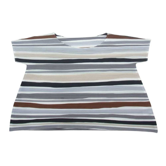 PLEATS PLEASE プリーツプリーズ イッセイミヤケ PP31-JK624 プリーツ加工 横プリーツ ボーダー カットソー 半袖 マルチカラー系 3【美品】【中古】