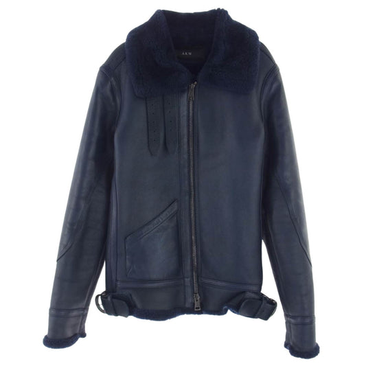 AKM エイケイエム B071 RIBA LAMB B-3 Spanish Mouton シルバー925バックル リアルムートン カーフレザー切替 フライトジャケット ネイビー ネイビー系 S【中古】