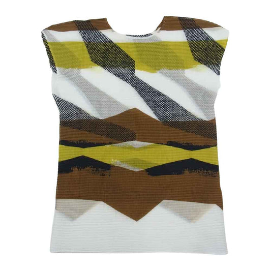 ISSEY MIYAKE イッセイミヤケ MI91FK767 me ミー ボックスプリーツ加工 総柄フレンチスリーブ カットソー ホワイト系 ブラウン系【中古】