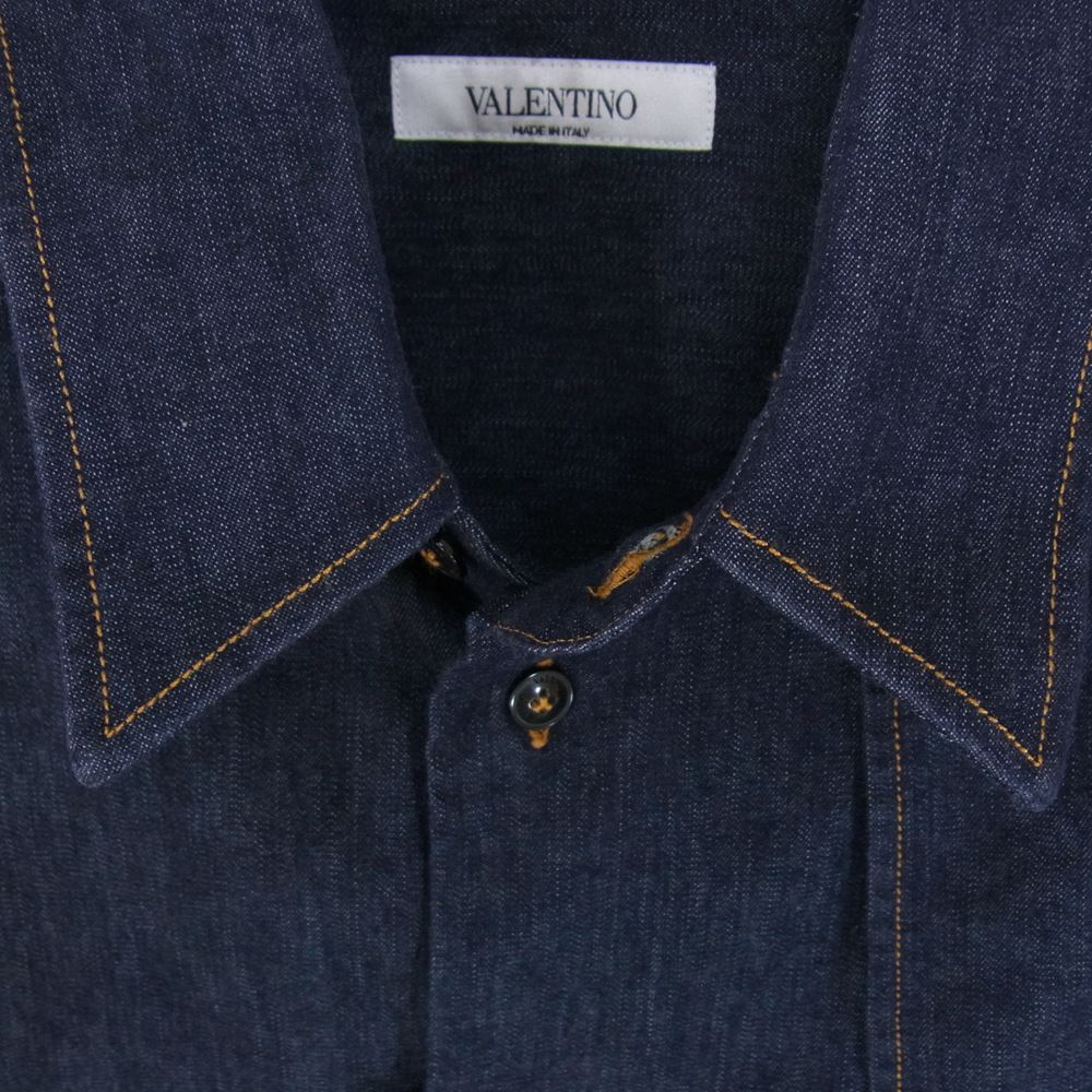 VALENTINO ヴァレンティノ PV0AAL3726T CONTRAST STITCH DENIM SHIRT コントラスト ステッチ デニム シャツ 半袖 ボーダータイ インディゴブルー系 39【中古】
