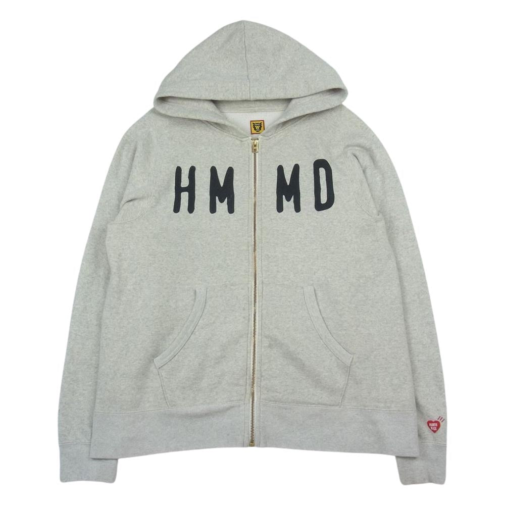 HUMAN MADE ヒューマンメイド HMMD Hooded Sweatshirt プリント ジップ パーカー グレー系 L【中古】