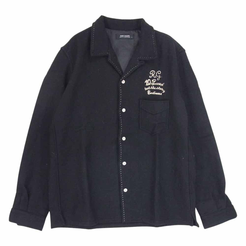 RUDE GALLERY ルードギャラリー チェーンステッチ刺繍 ウール オープンカラー 長袖 シャツ ブラック系 4【中古】