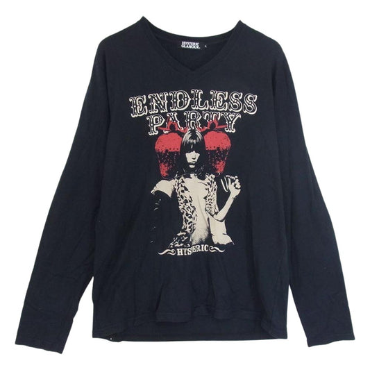 HYSTERIC GLAMOUR ヒステリックグラマー 4CL-5413 ENDLESS PARTY エンドレスパーティ ガールプリント 長袖  Vネック Tシャツ ブラック系 L【中古】