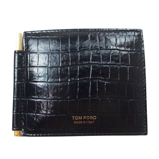 TOM FORD トムフォード Y0231 LCL239G クロコ型押し マネークリップ 2つ折り ウォレット 財布 ブラック系【極上美品】【中古】