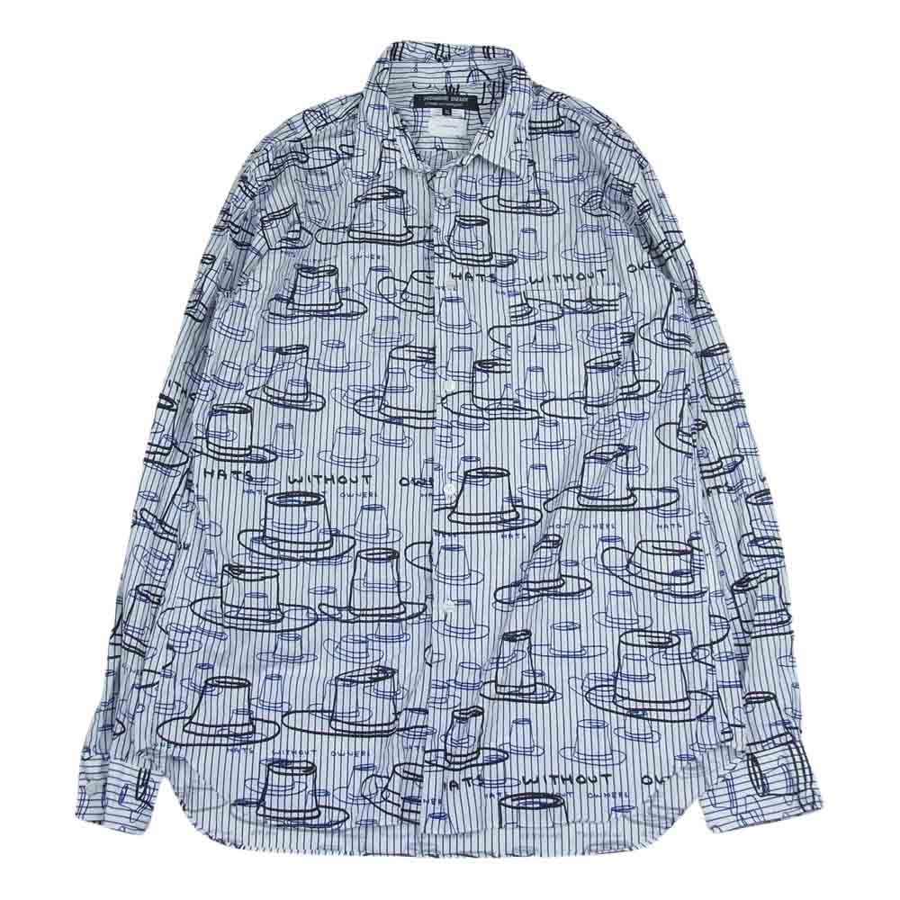 COMME des GARCONS HOMME DEUX コムデギャルソンオムドゥ 21AW DH-B031 David Shrigley ハット総柄 ストライプ オーバーサイズ 長袖 シャツ ホワイト系 XL【中古】