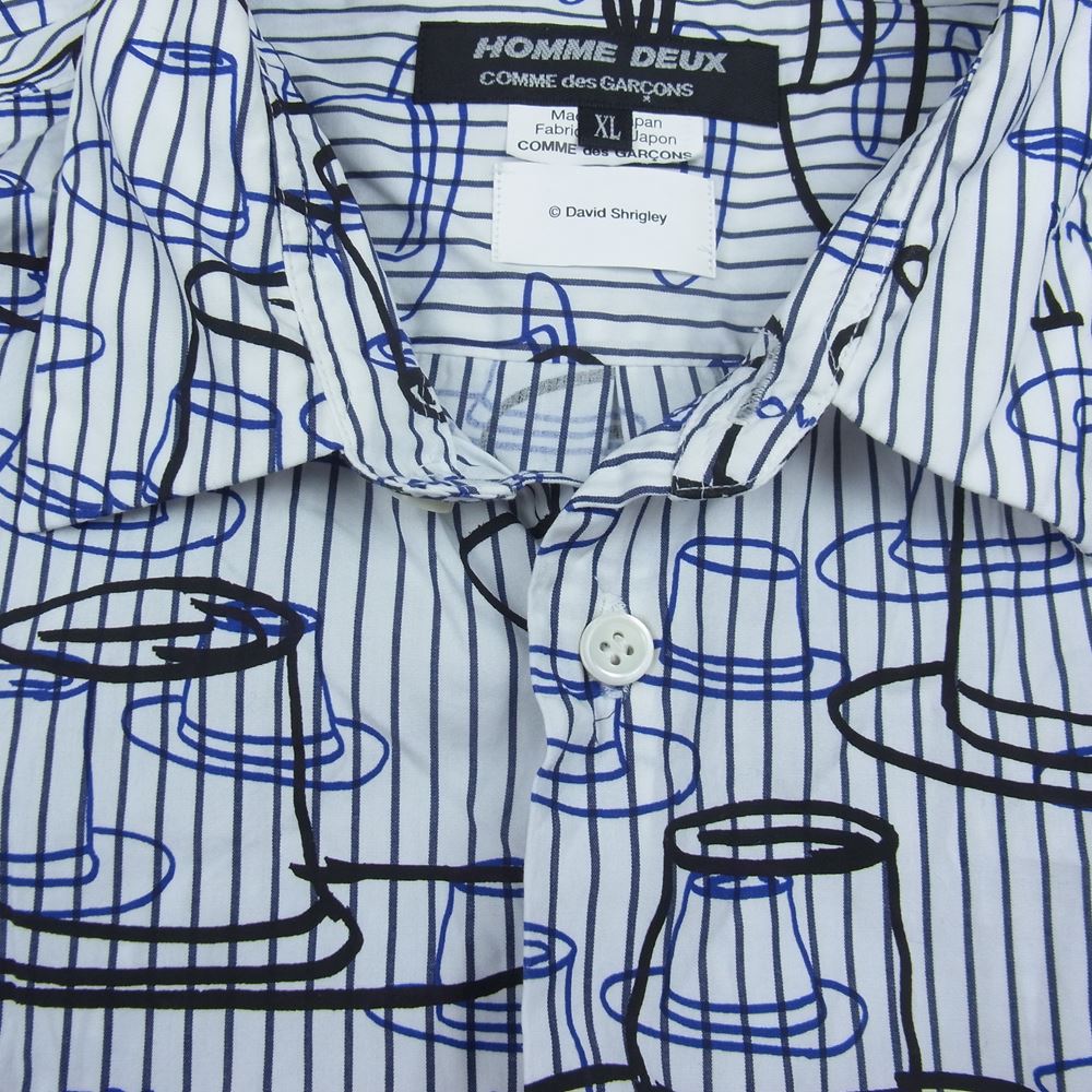 COMME des GARCONS HOMME DEUX コムデギャルソンオムドゥ 21AW DH-B031 David Shrigley ハット総柄 ストライプ オーバーサイズ 長袖 シャツ ホワイト系 XL【中古】