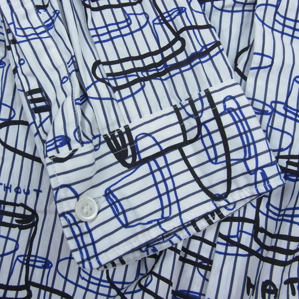 COMME des GARCONS HOMME DEUX コムデギャルソンオムドゥ 21AW DH-B031 David Shrigley ハット総柄 ストライプ オーバーサイズ 長袖 シャツ ホワイト系 XL【中古】