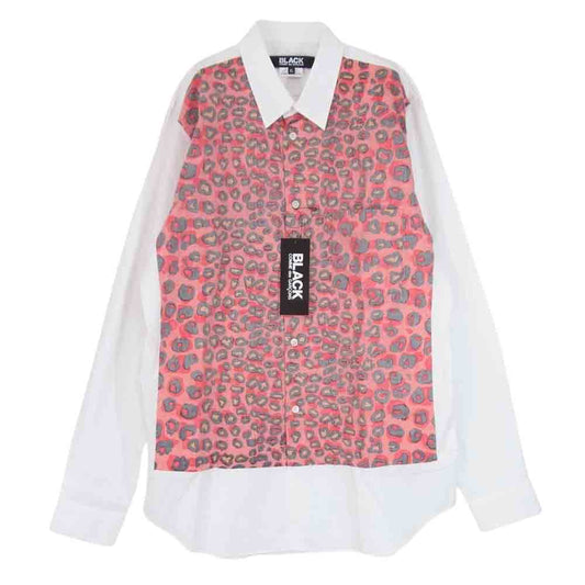 BLACK COMME des GARCONS ブラックコムデギャルソン 23SS 1G-B014-052 コットンブロード レオパード切替 長袖 シャツ レッド系 XL【極上美品】【中古】