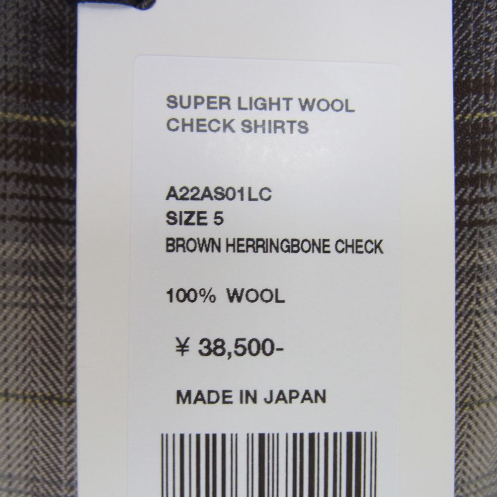 AURALEE オーラリー 22AW A22AS01LC SUPER LIGHT WOOL CHECK SHIRTS スーパーライト ウール チェック 長袖 シャツ 5（Lサイズ）【美品】【中古】