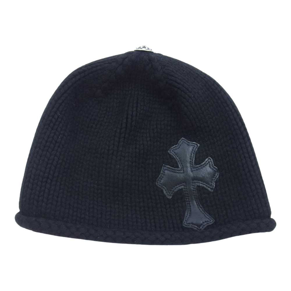 CHROME HEARTS クロムハーツ（原本有） 国内正規品 BEANIE CRS CASH カシミヤ カシミア レザー クロスパッチ クロスボール ビーニー ニット帽 ブラック系【中古】