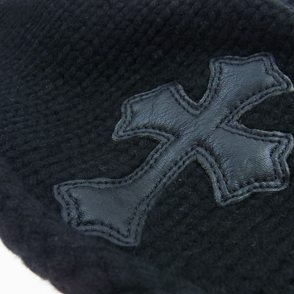 CHROME HEARTS クロムハーツ（原本有） 国内正規品 BEANIE CRS CASH カシミヤ カシミア レザー クロスパッチ クロスボール ビーニー ニット帽 ブラック系【中古】