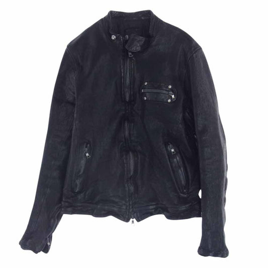 ISAMUKATAYAMA BACKLASH イサムカタヤマバックラッシュ 1221-01 ドイツカーフ レザー シングルライダース ジャケット 裏地メッセージ総柄 ブラック系 3（L）【中古】