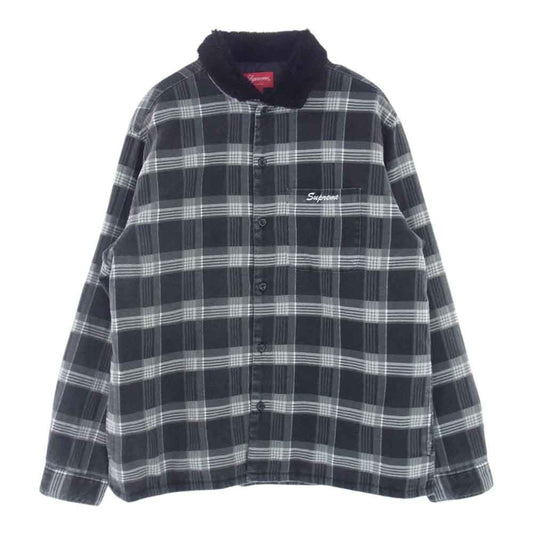 Supreme シュプリーム 21AW Faux Fur Collar Flannel Shirt フェイクファー カラー フランネル シャツ 裏地キルティング ロゴ刺繍 チェック グレー系 L【中古】