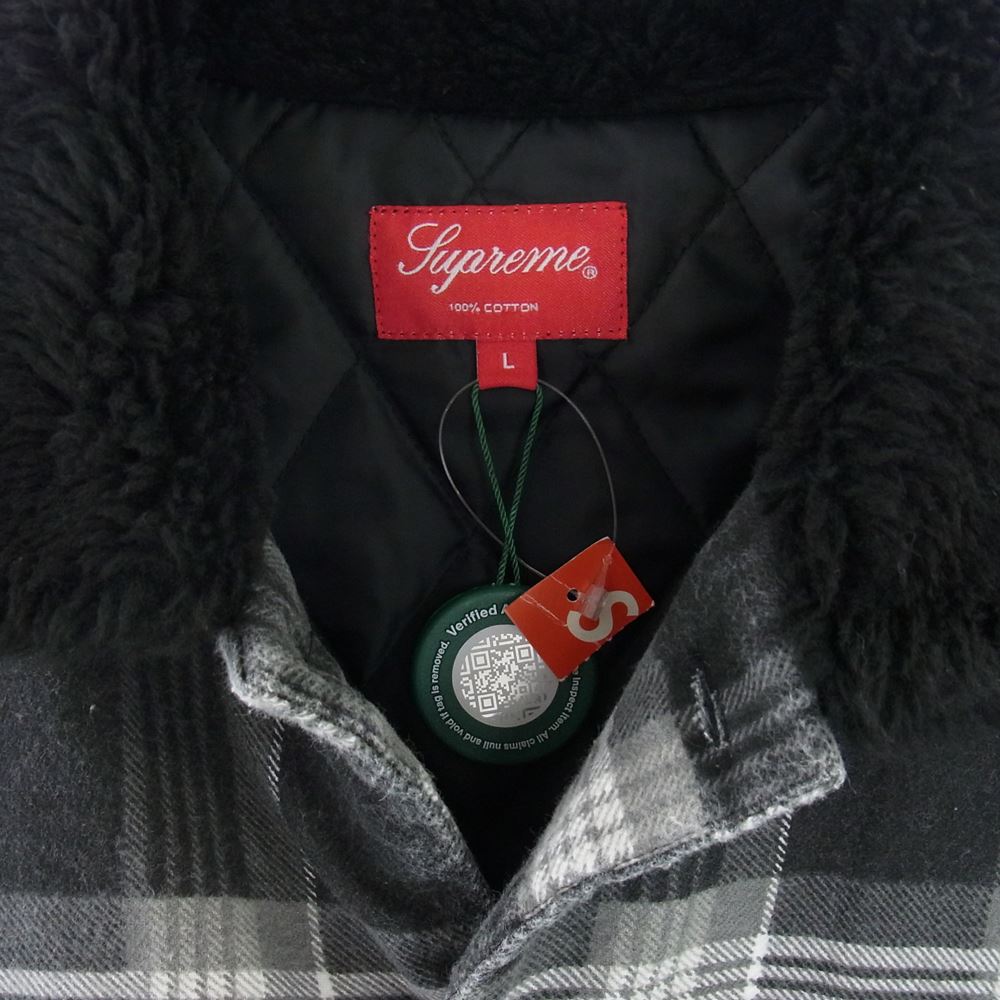 Supreme シュプリーム 21AW Faux Fur Collar Flannel Shirt フェイクファー カラー フランネル シャツ 裏地キルティング ロゴ刺繍 チェック グレー系 L【中古】