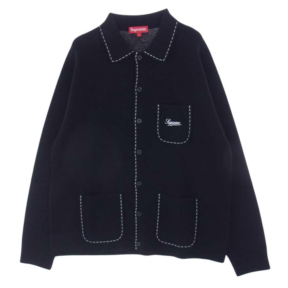 Supreme シュプリーム 22AW Contrast Stitch Button Up コントラスト ステッチ ボタンアップ ニット ポロシャツ 長袖 ブラック系 L【美品】【中古】