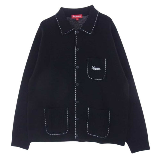 Supreme シュプリーム 22AW Contrast Stitch Button Up コントラスト ステッチ ボタンアップ ニット ポロシャツ 長袖 ブラック系 L【美品】【中古】