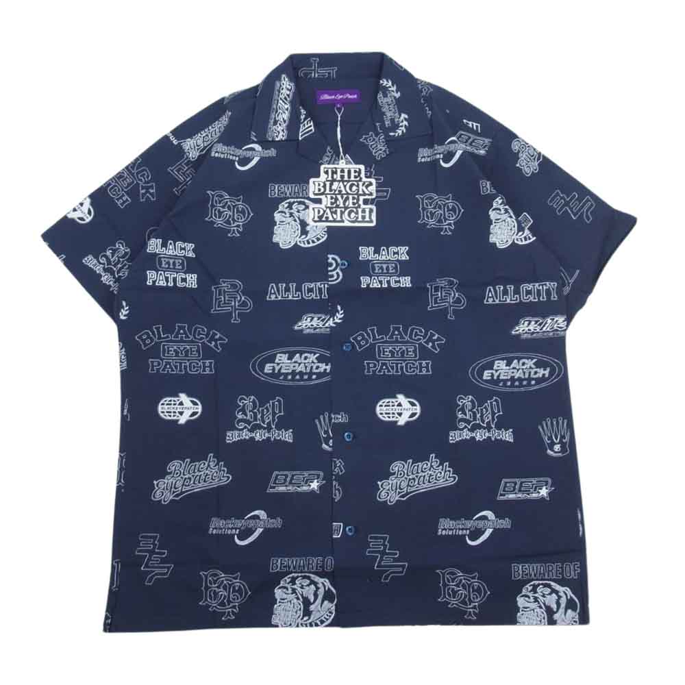 ブラックアイパッチ 23SS BEPSS23TP46 SKETCHED LOGOS S/S SHIRT ロゴプリント オープンカラー 半袖 シャツ アロハシャツ ネイビー系 L【新古品】【未使用】【中古】