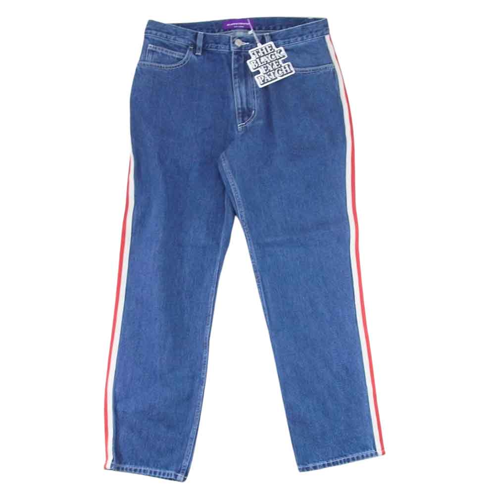 ブラックアイパッチ 23SS BEPSS23PA23 TAPED B EMBLEM DENIM PANTS Bエンブレム サイドライン テーパード デニムパンツ ジーンズ インディゴブルー系 L【新古品】【未使用】【中古】