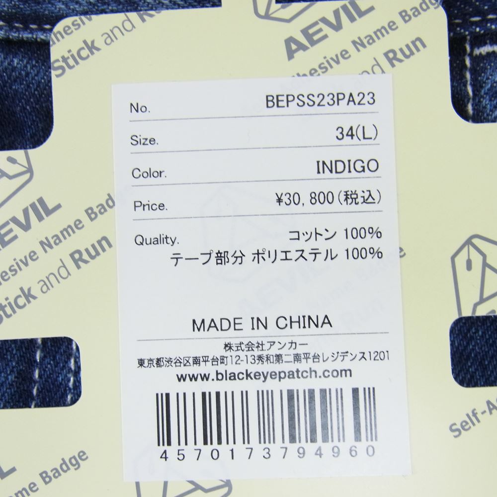 ブラックアイパッチ 23SS BEPSS23PA23 TAPED B EMBLEM DENIM PANTS Bエンブレム サイドライン テーパード デニムパンツ ジーンズ インディゴブルー系 L【新古品】【未使用】【中古】