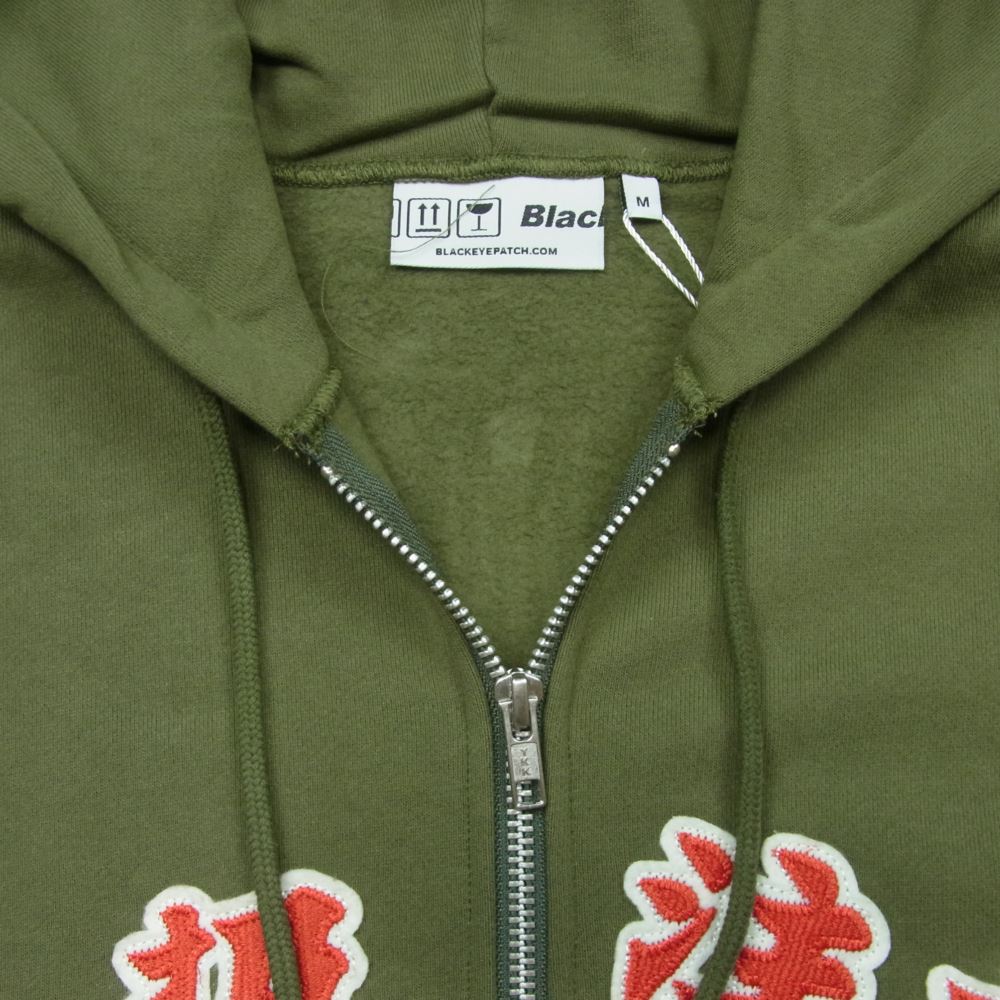 ブラックアイパッチ 21AW BEPFW21TP25 HANDLE WITH CARE ZIP HOODIE 取扱注意 ハンドルウィズケア フルジップ スウェット パーカー オリーブ系 M【新古品】【未使用】【中古】