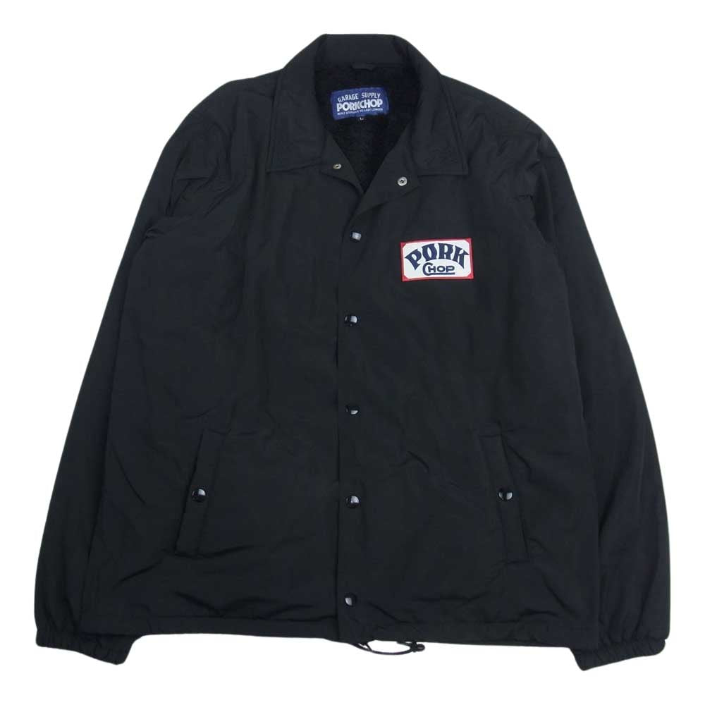 ポークチョップ バックプリント ロゴ ワッペン 裏フリース ナイロン コーチ ジャケット ブラック系 L【中古】