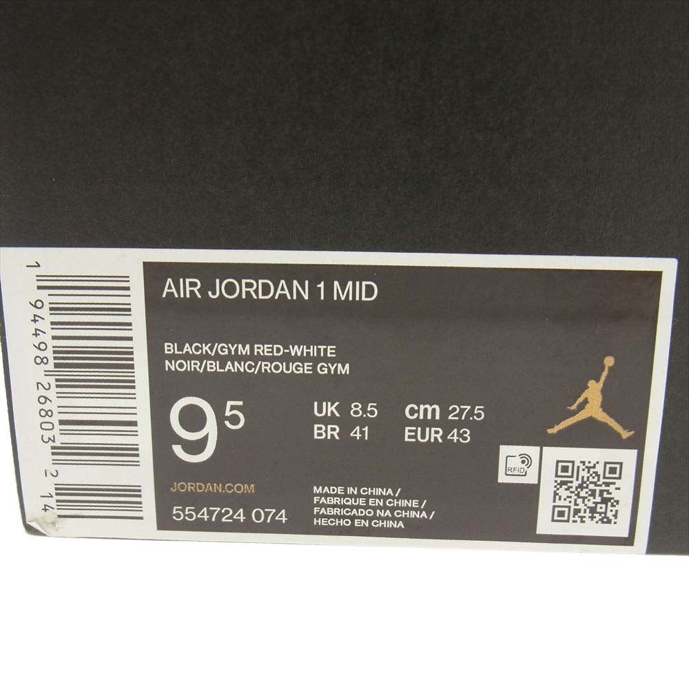 NIKE ナイキ 554724-074 Air Jordan 1 Mid Bred AJ1 エアジョーダン ミッド ブレッド スニーカー ブラック系 レッド系 27.5cm【新古品】【未使用】【中古】