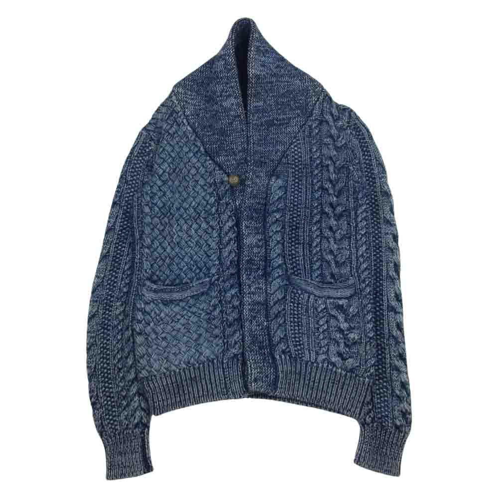 1piu1uguale3 ウノピュウノウグァーレトレ MRK061 VIRGIN INDIGO Panel cable shawl cardigan カシミヤ混コットンウール インディゴ ケーブル コンチョボタン カーディガン ネイビー系 4【中古】