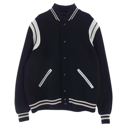 SAINT LAURENT サンローラン 20AW  354718 Y180W TEDDY JACKET テディジャケット レザー トリム ウール スタジアム ジャンパー ジャケット ブラック系 54【中古】
