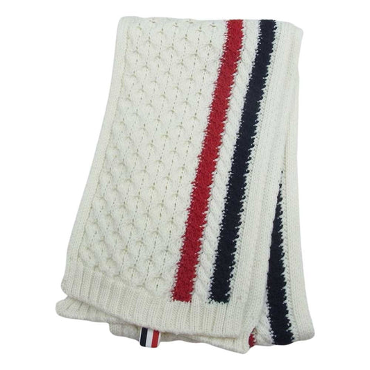 THOM BROWNE トムブラウン FKS014A-00014100 トリコロール ケーブル編み マフラー ストール ホワイト系【中古】