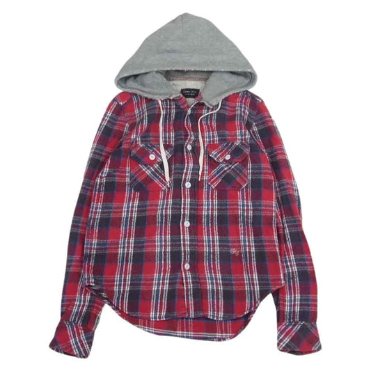 NUMBER(N)INE ナンバーナイン 05AW ハイストリート期 宮下貴裕 本人期 THS刺繍 ネップ加工 チェック フランネル フード付き 長袖シャツ レッド レッド系 2【中古】