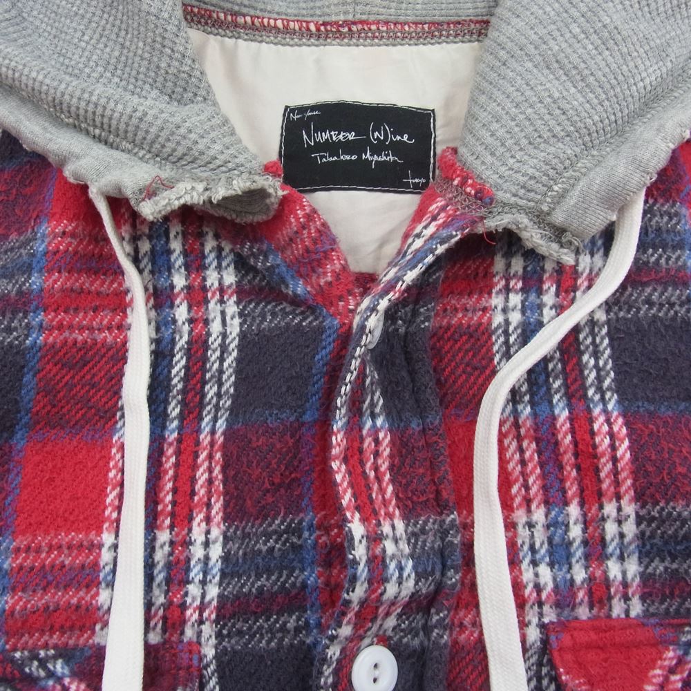 NUMBER(N)INE ナンバーナイン 05AW ハイストリート期 宮下貴裕 本人期 THS刺繍 ネップ加工 チェック フランネル フード付き 長袖シャツ レッド レッド系 2【中古】