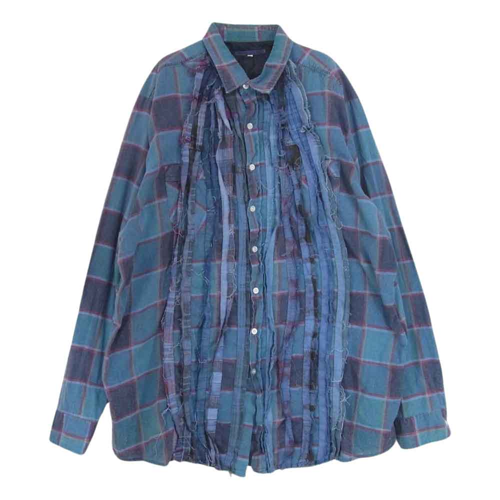 リビルドバイニ－ドルズ Flannel Shirt Ribbon Wide フランネル シャツ リボーン ワイド 再構築 リメイク 長袖シャツ  グリーン系 M【中古】