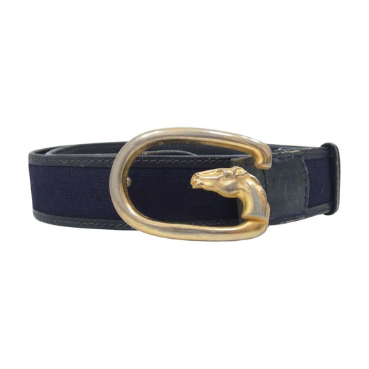 GUCCI グッチ ホースGバックル GGキャンバス レザー切替 ベルト ネイビー系【中古】