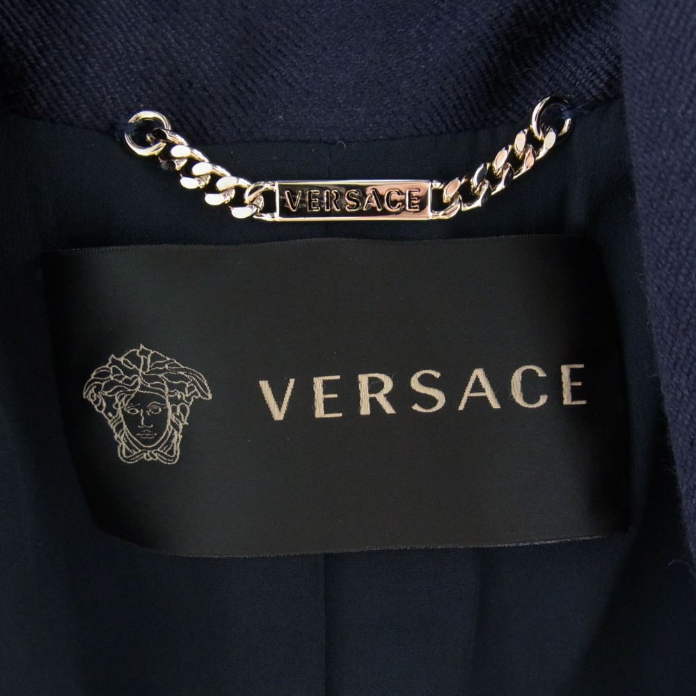 VERSACE ヴェルサーチ 181 232 761 480 イタリア製 ネップ 刺繍 チェスターコート ネイビー系 38【中古】