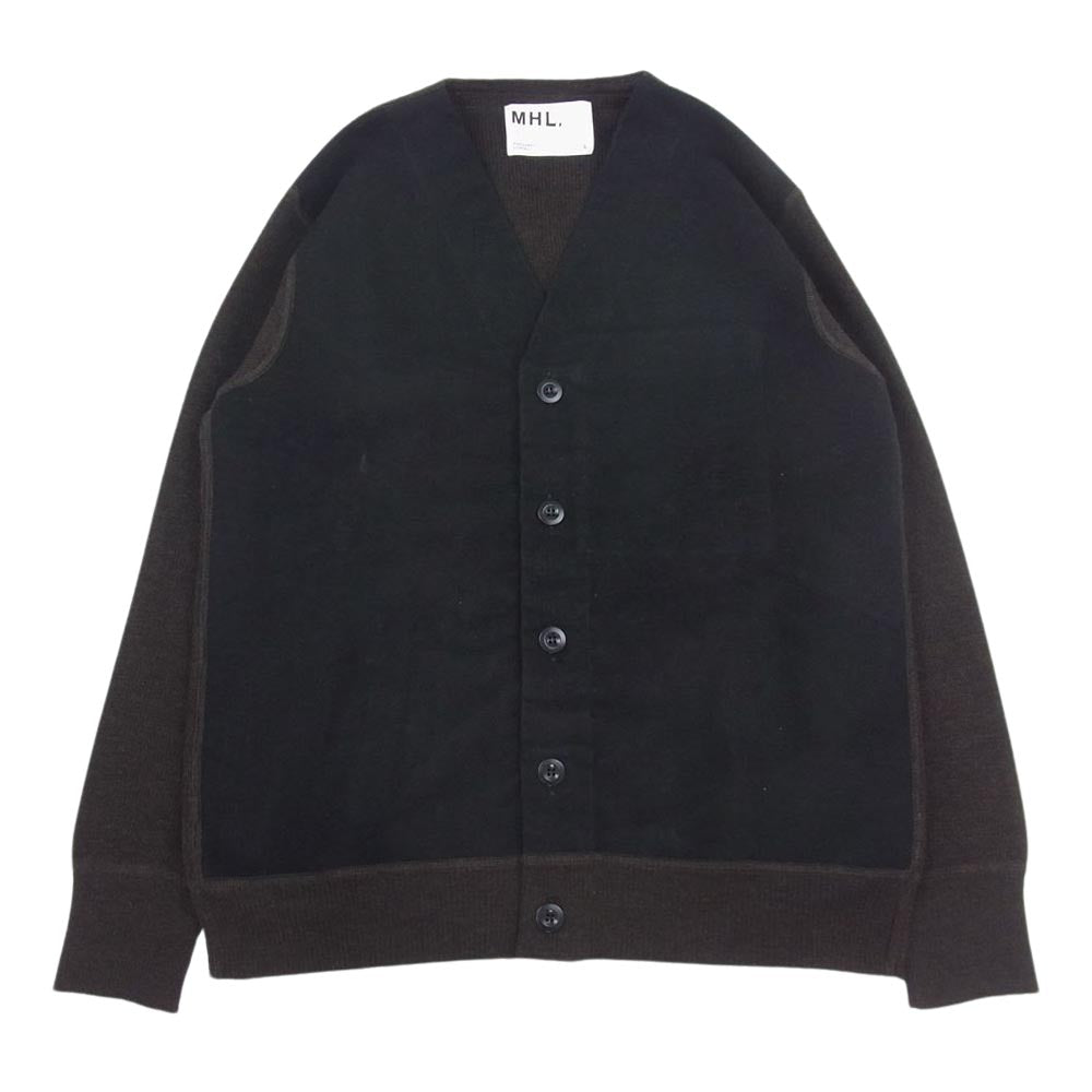 MARGARET HOWELL マーガレットハウエル MHL 22AW DRY WOOL モールスキン切替 Vネック カーディガン ブラック系 ブラウン系 L【中古】